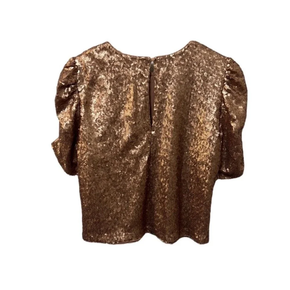 Abercrombie & Fitch Gold Sequin Ruched Puff Sleeve Top Size L NWT